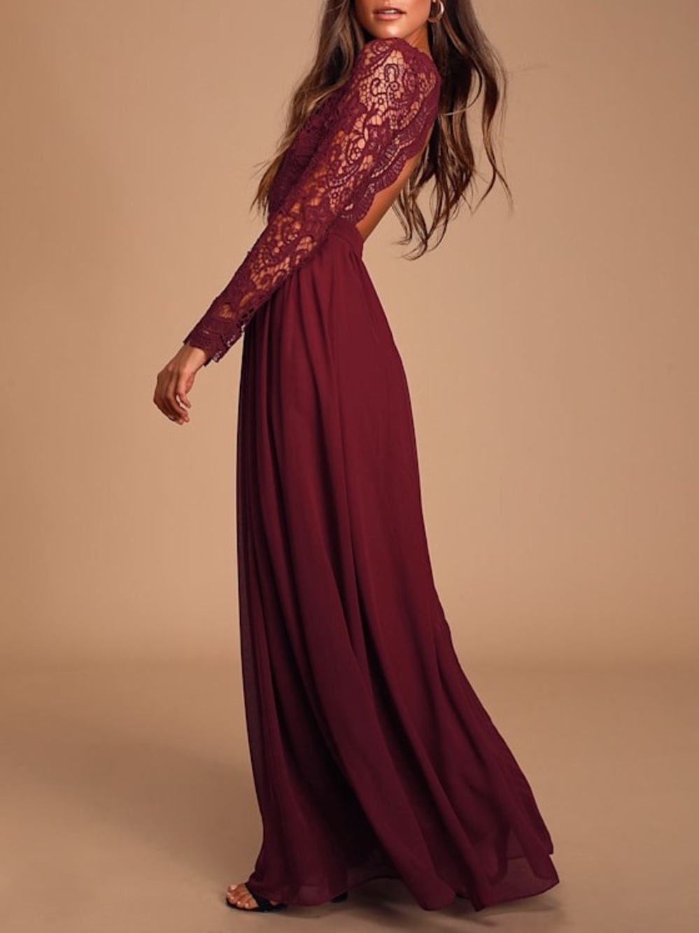 Lulus Awaken My Love Burgundy Long Sleeve Lace Maxi Dress Large Wedding Guest